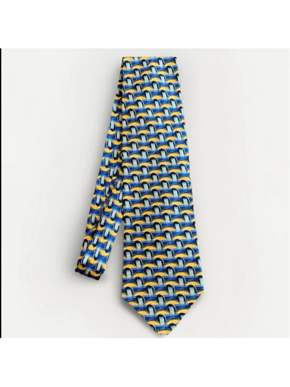 Ermenegildo Zegna 100% Silk Geometric Print Tie Made in Italy Blue Gold Silver